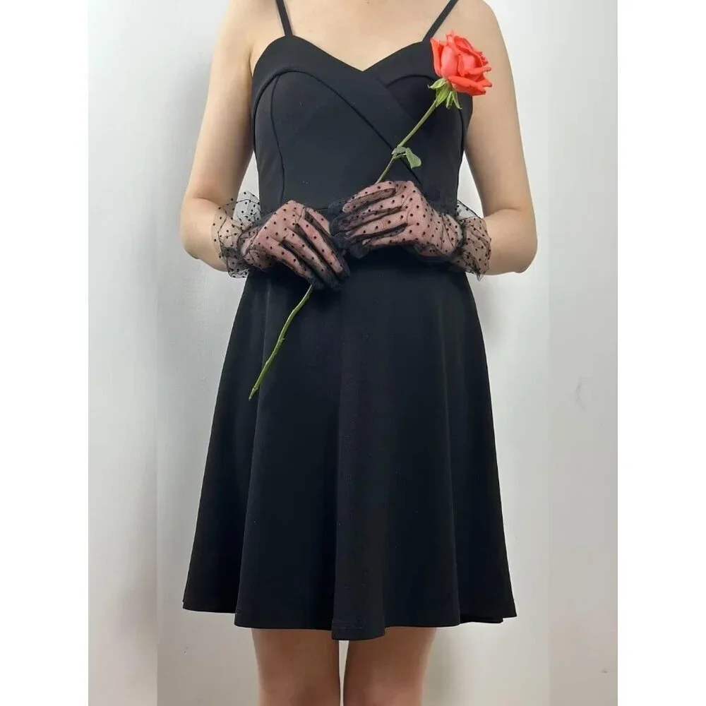 Women's Vintage Black Dots Mesh Tulle Short Lace Gloves Semi Sheer Party Costume